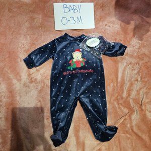 Baby 0-3M First Christmas Bear Vintage Sleep N Play Footed Sleeper & Hat Set